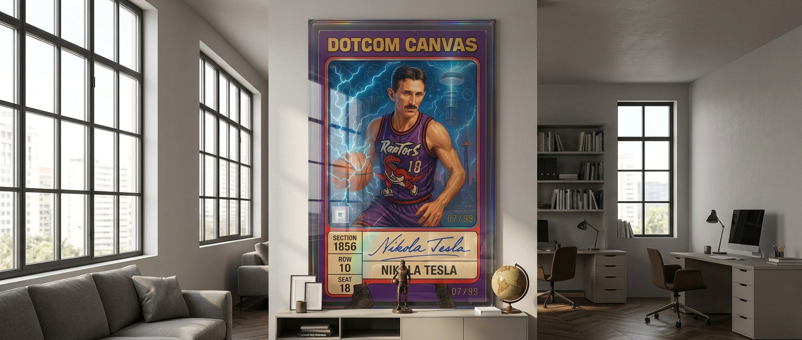 DOTCOMCANVAS® Nikola Tesla Basketball Card Acrylglasbild – Website Banner