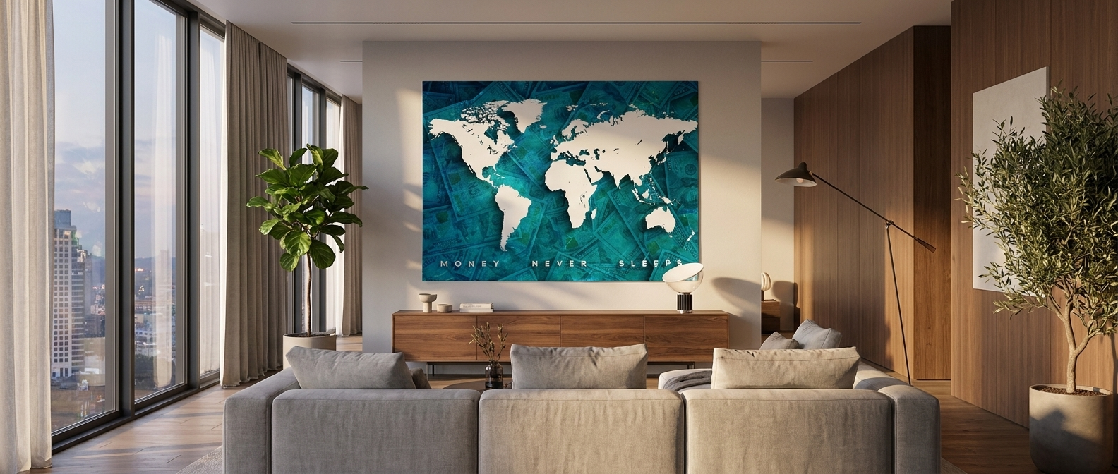 DOTCOMCANVAS Money in World Never Sleeps Poster Banner
