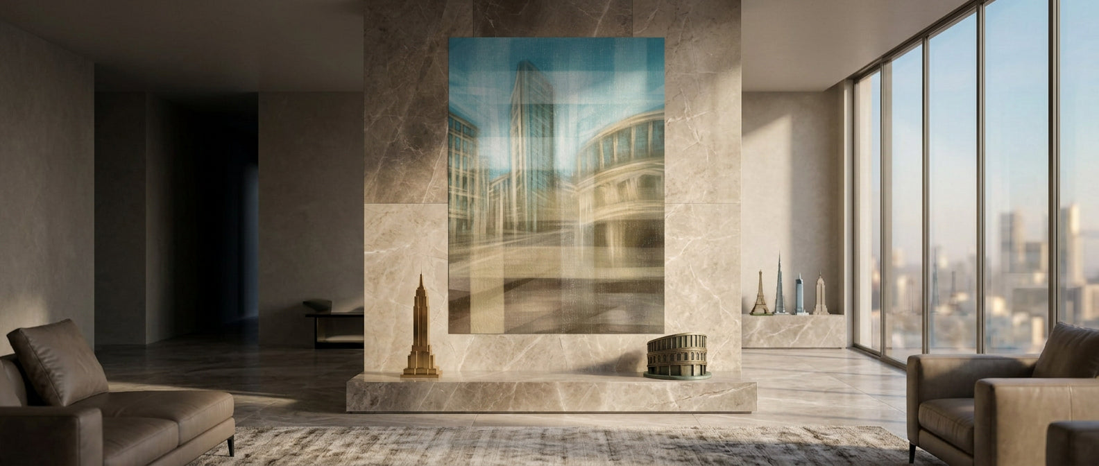 City in the Embrace of Golden Mist Poster Banner