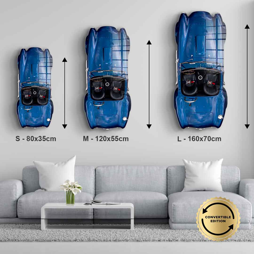 Größenvergleich der Wandskulptur 427 Roadster Full Blue: 80x35, 120x55 und 160x70 cm