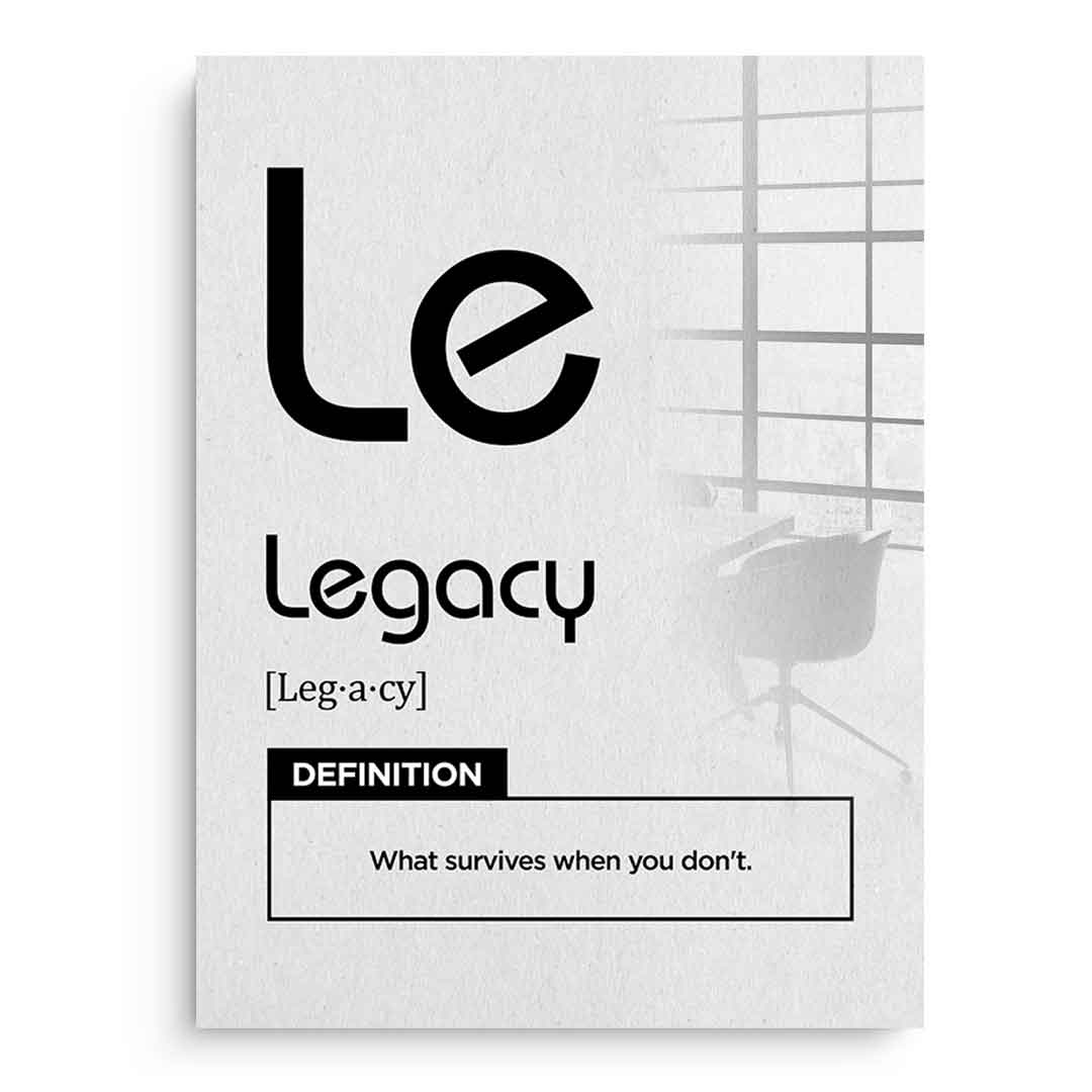DOTCOMCANVAS® Legacy (Le) Acrylglasbild Version Weiß – Vorderansicht Schwarzer Rahmen