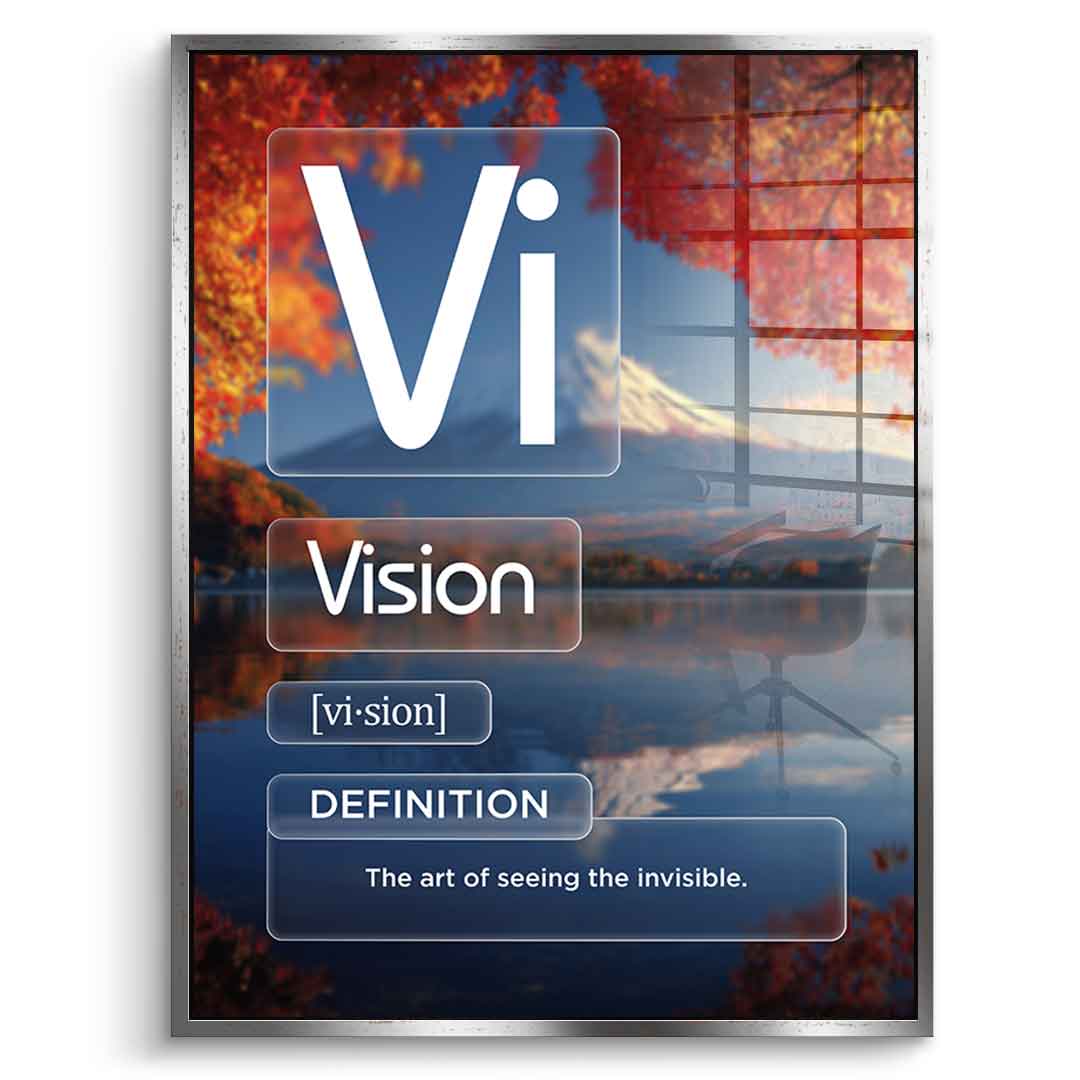DOTCOMCANVAS® Vision (Vi) Acrylglasbild Version Farbig – Vorderansicht Weißer Rahmen