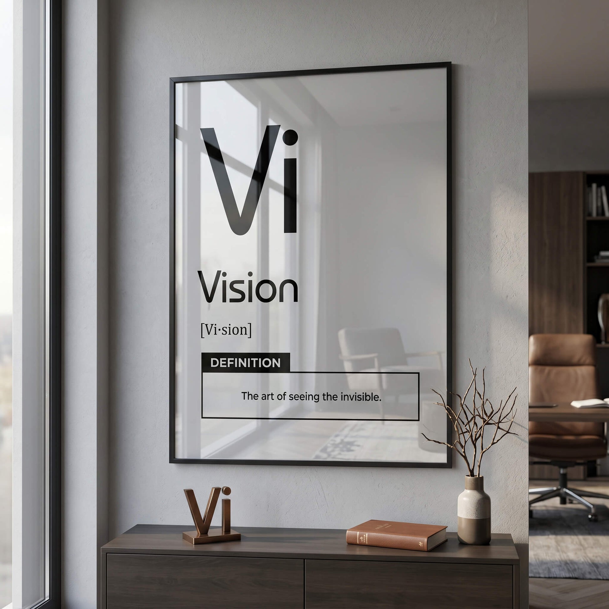 DOTCOMCANVAS® Vision (Vi) Acrylglasbild Version Weiß – Raum-Mockup