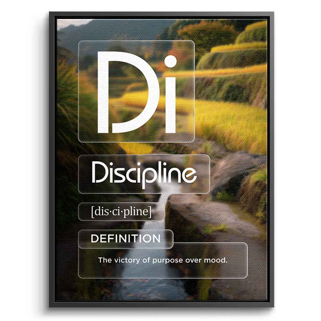 DOTCOMCANVAS® Discipline (Di) Leinwandbild Version Farbig – Vorderansicht Silberner Rahmen