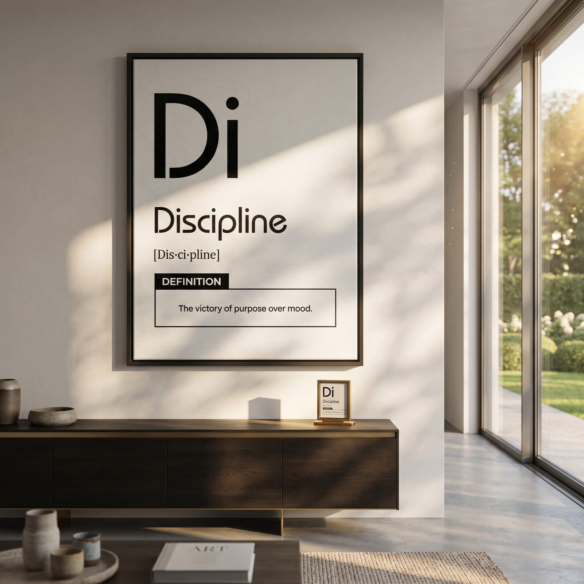 DOTCOMCANVAS® Discipline (Di) Leinwandbild Version Weiß – Raum-Mockup