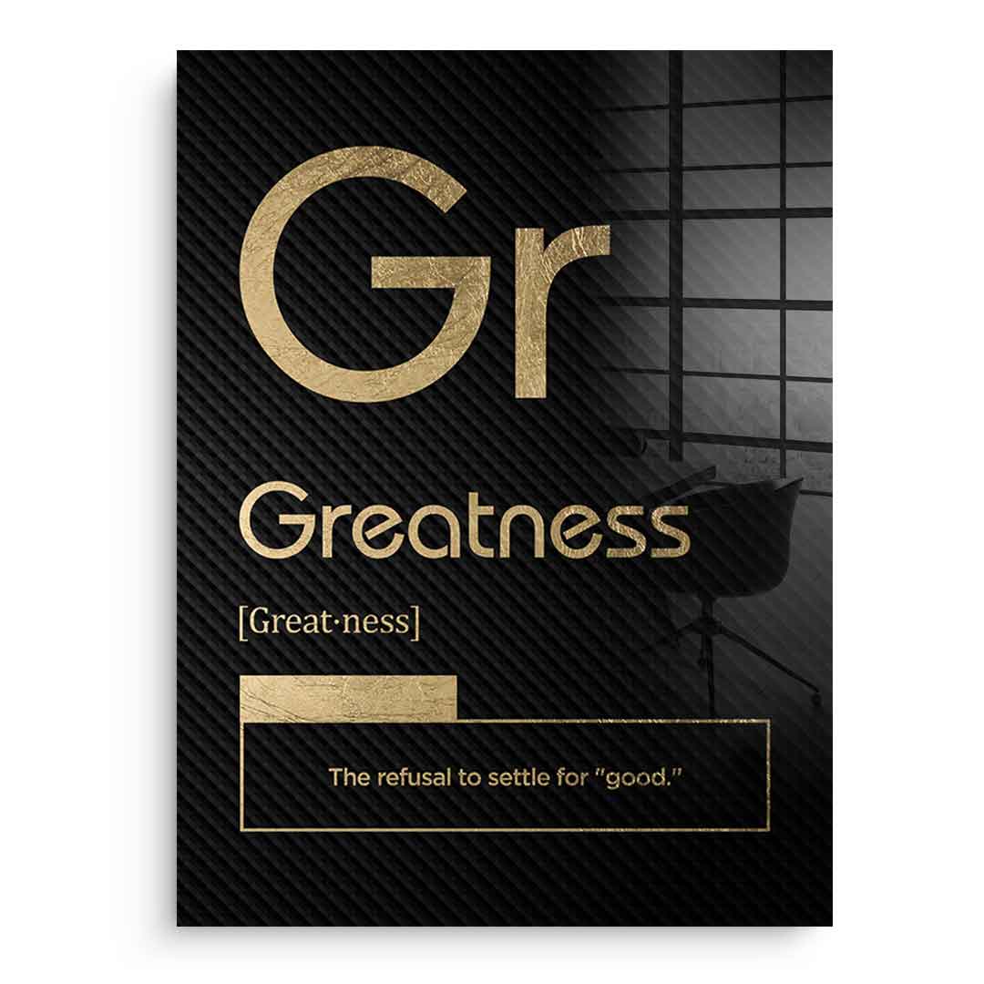 DOTCOMCANVAS® Greatness (Gr) Acrylglasbild Version Schwarz – Vorderansicht Schwarzer Rahmen