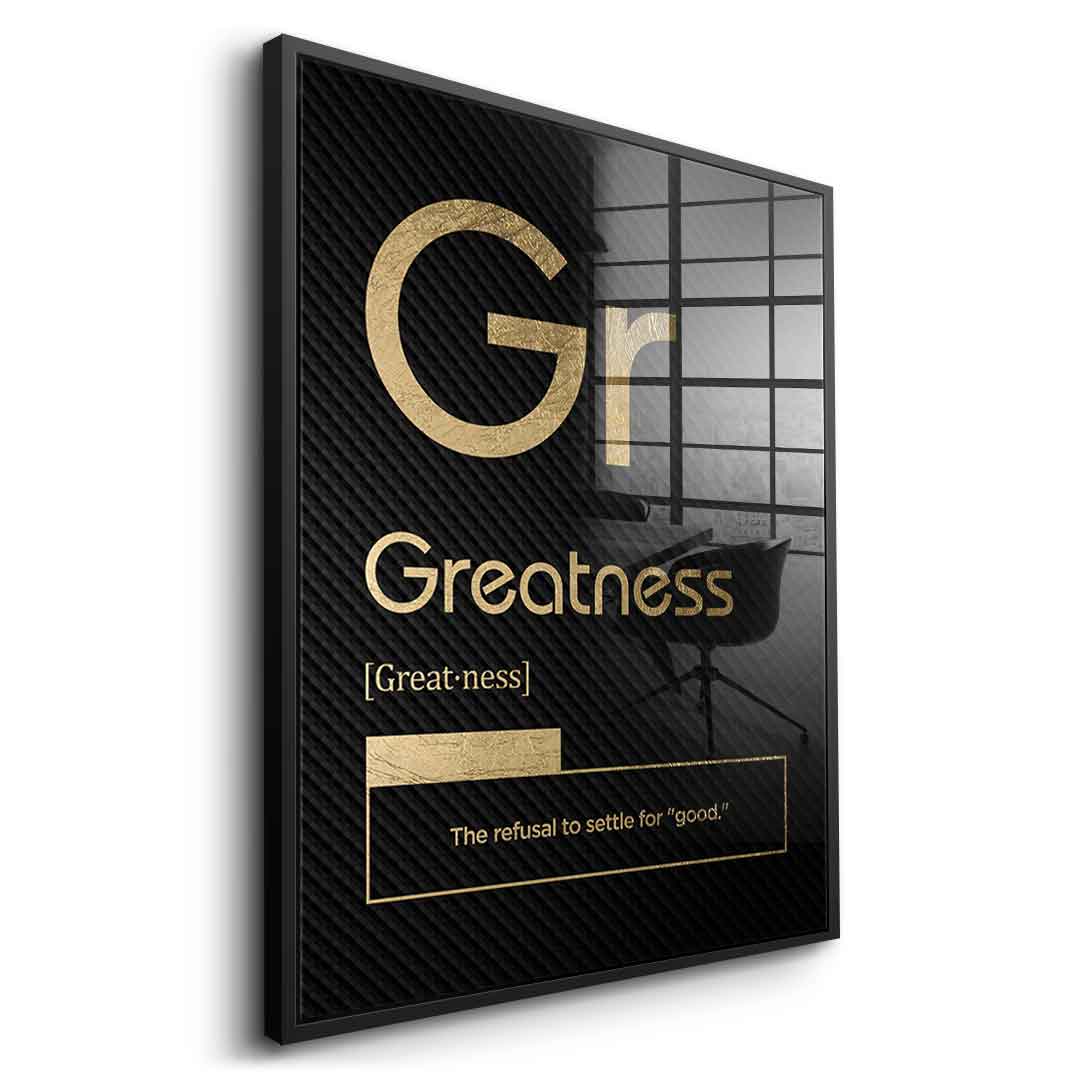 DOTCOMCANVAS® Greatness (Gr) Acrylglasbild Version Schwarz – Vorderansicht Goldener Rahmen