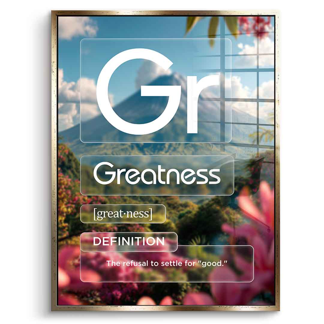 DOTCOMCANVAS® Greatness (Gr) Acrylglasbild Version Farbig – Vorderansicht Silberner Rahmen