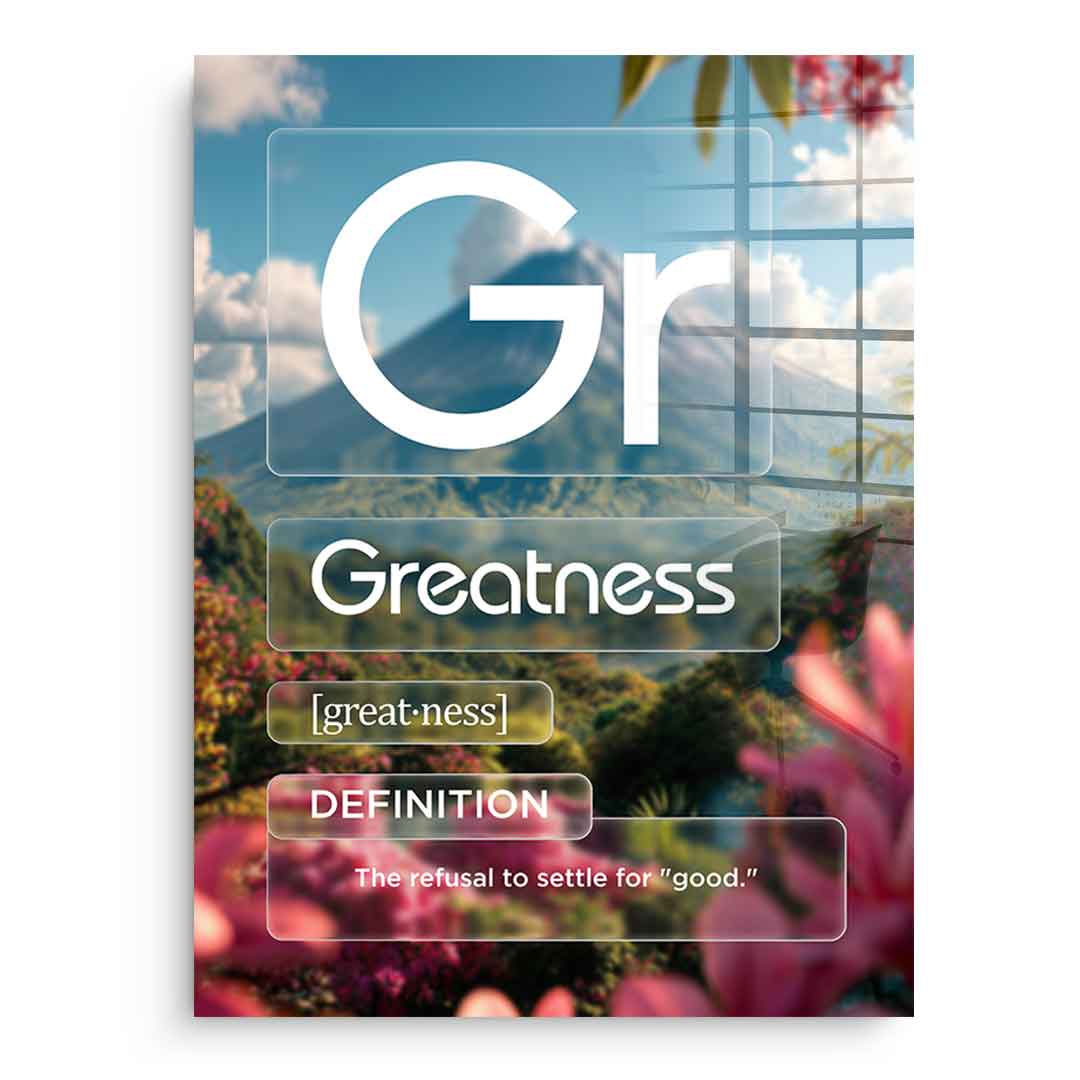 DOTCOMCANVAS® Greatness (Gr) Acrylglasbild Version Farbig – Vorderansicht Schwarzer Rahmen