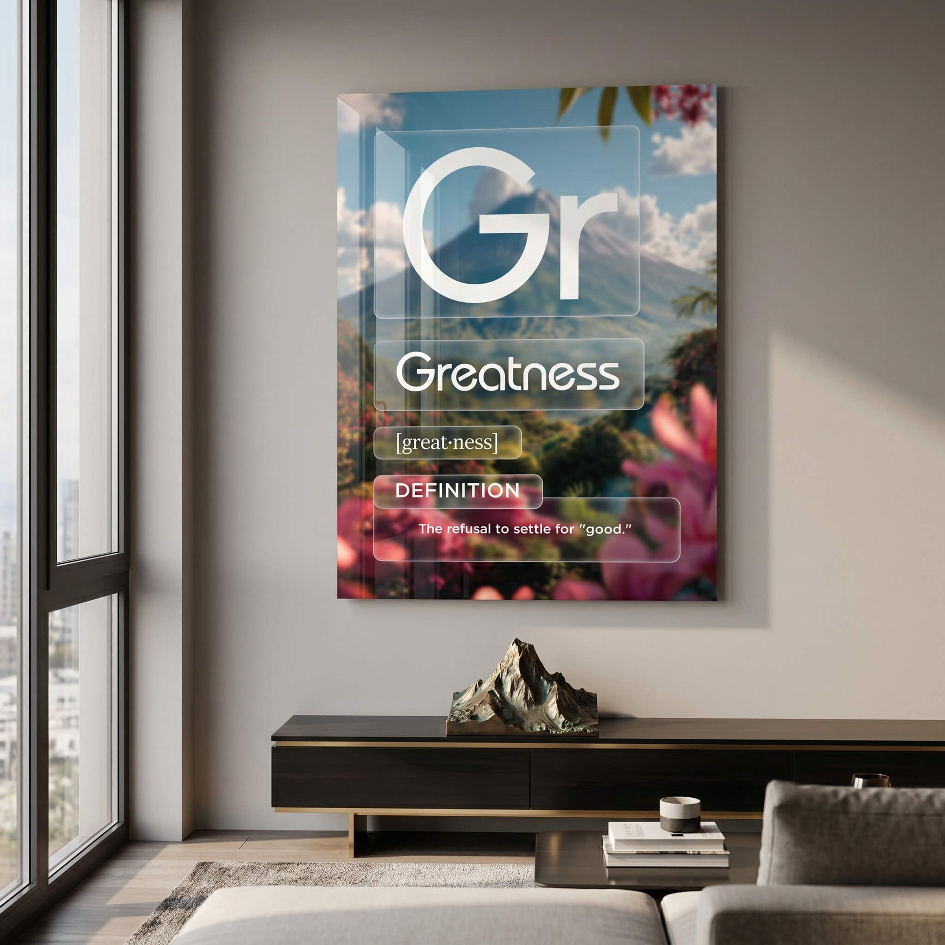 DOTCOMCANVAS® Greatness (Gr) Acrylglasbild Version Farbig – Raum-Mockup