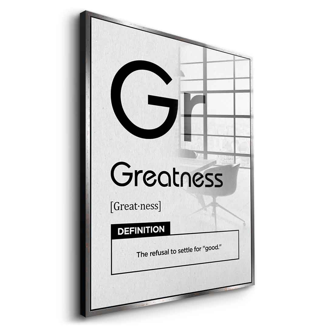 DOTCOMCANVAS® Greatness (Gr) Acrylglasbild Version Weiß – Vorderansicht Ohne Rahmen