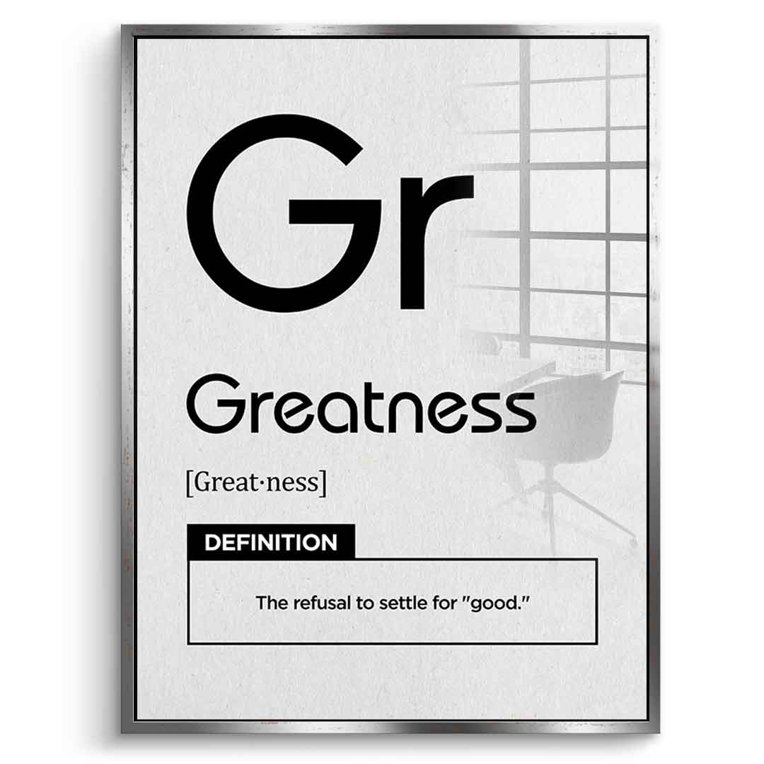DOTCOMCANVAS® Greatness (Gr) Acrylglasbild Version Weiß – Vorderansicht Weißer Rahmen