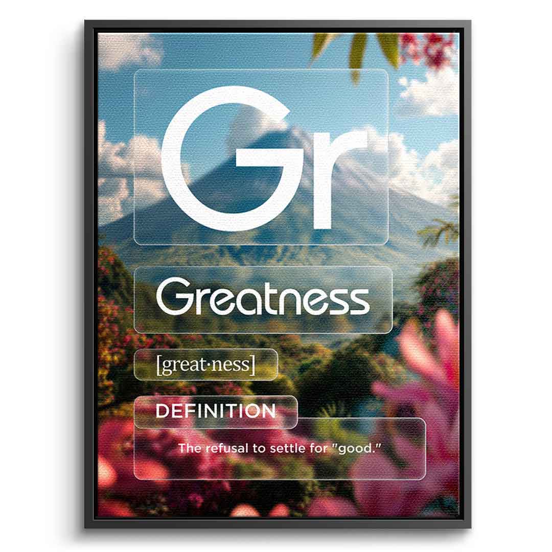 DOTCOMCANVAS® Greatness (Gr) Leinwandbild Version Farbig – Vorderansicht Silberner Rahmen