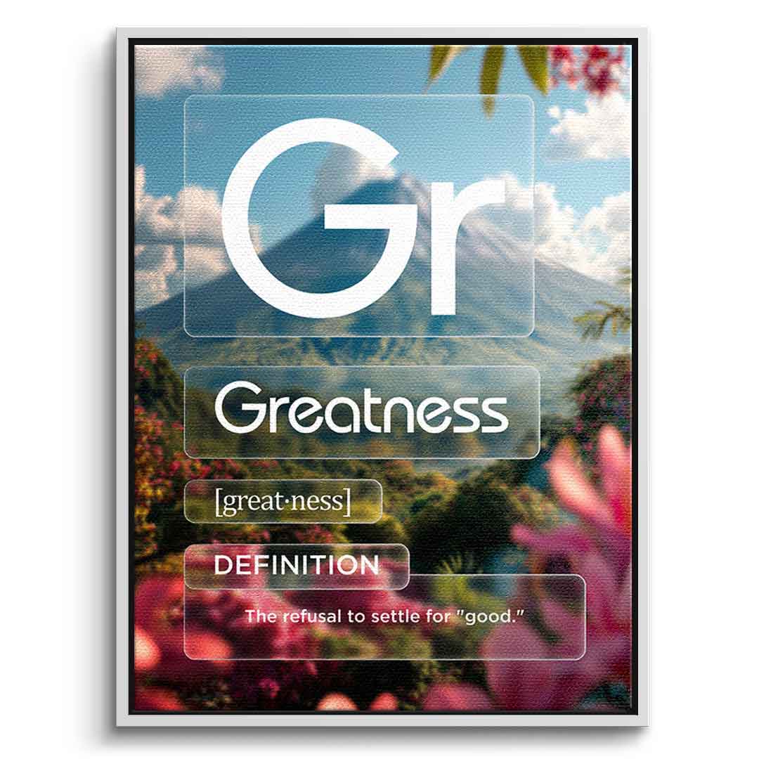 DOTCOMCANVAS® Greatness (Gr) Leinwandbild Version Farbig – Vorderansicht Weißer Rahmen