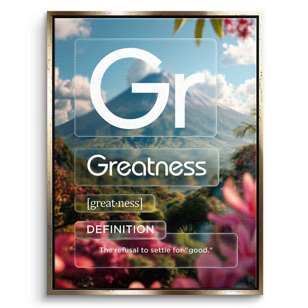 DOTCOMCANVAS® Greatness (Gr) Leinwandbild Version Farbig – Vorderansicht Goldener Rahmen