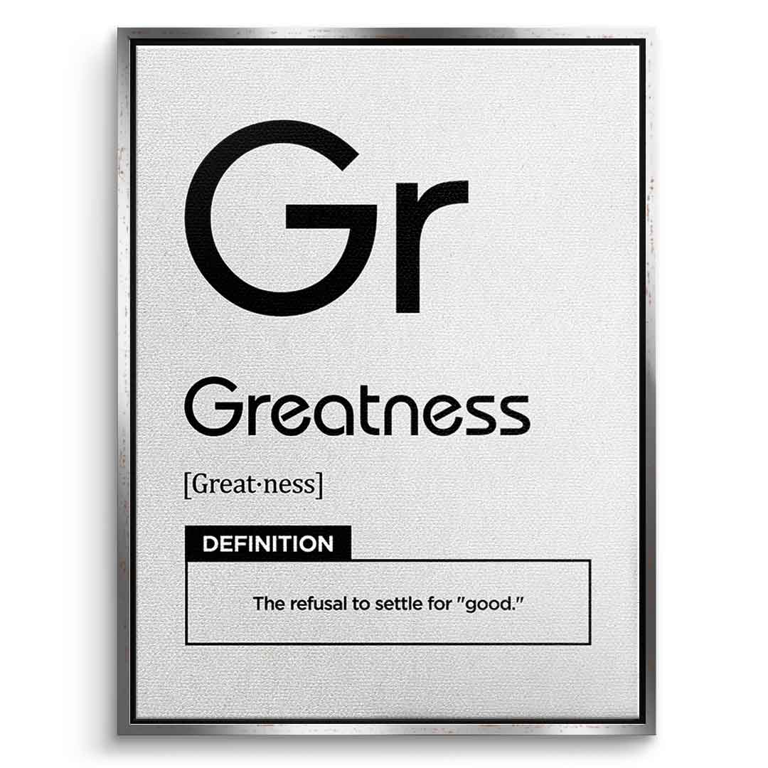 DOTCOMCANVAS® Greatness (Gr) Leinwandbild Version Weiß – Vorderansicht Schwarzer Rahmen