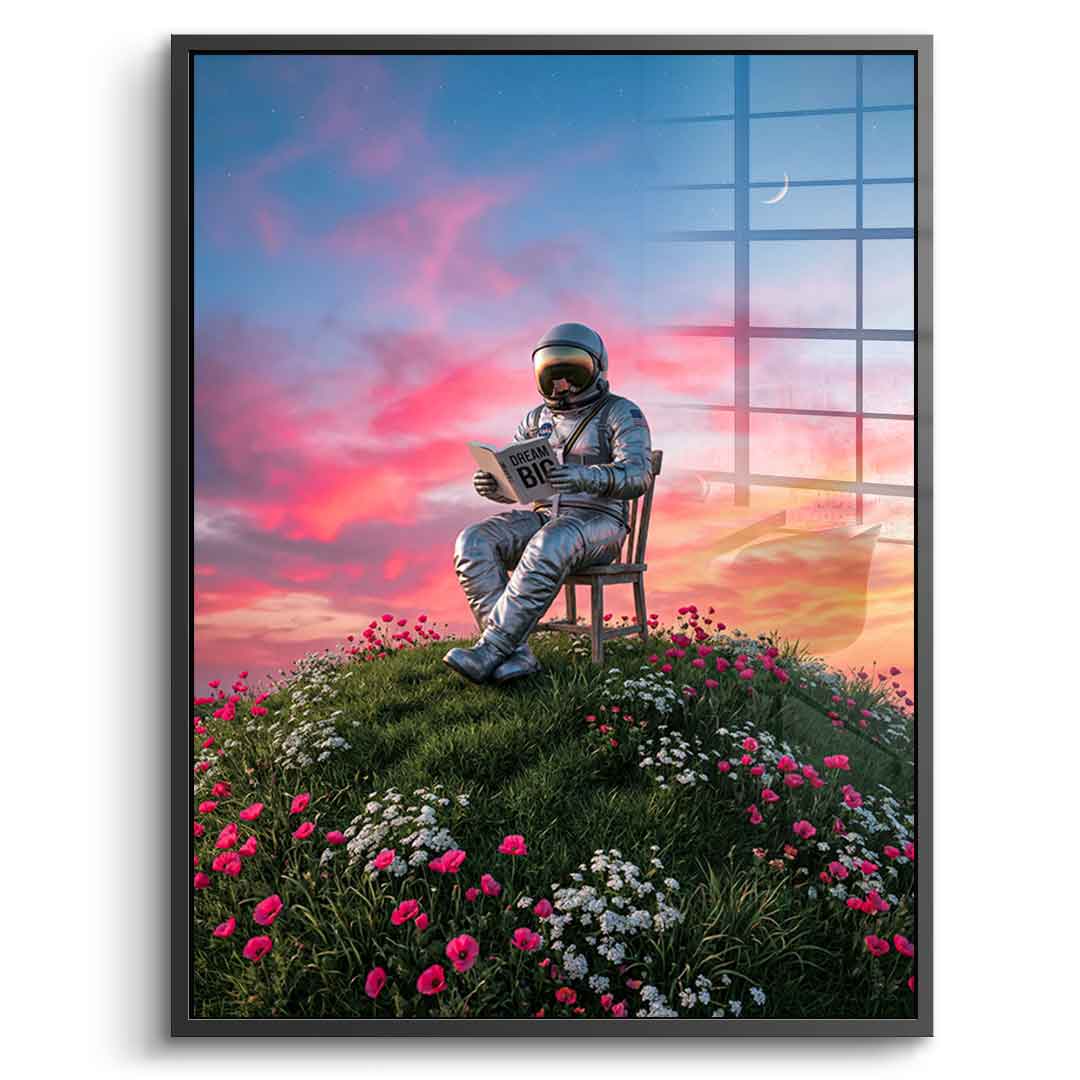 DOTCOMCANVAS® Astronaut's Big Dreams Acrylglasbild – Vorderansicht schwarzer Rahmen