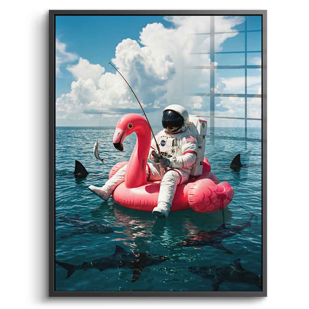 Acrylglas Front Schwarz-Rahmen — Fearless Astronaut on a Flamingo
