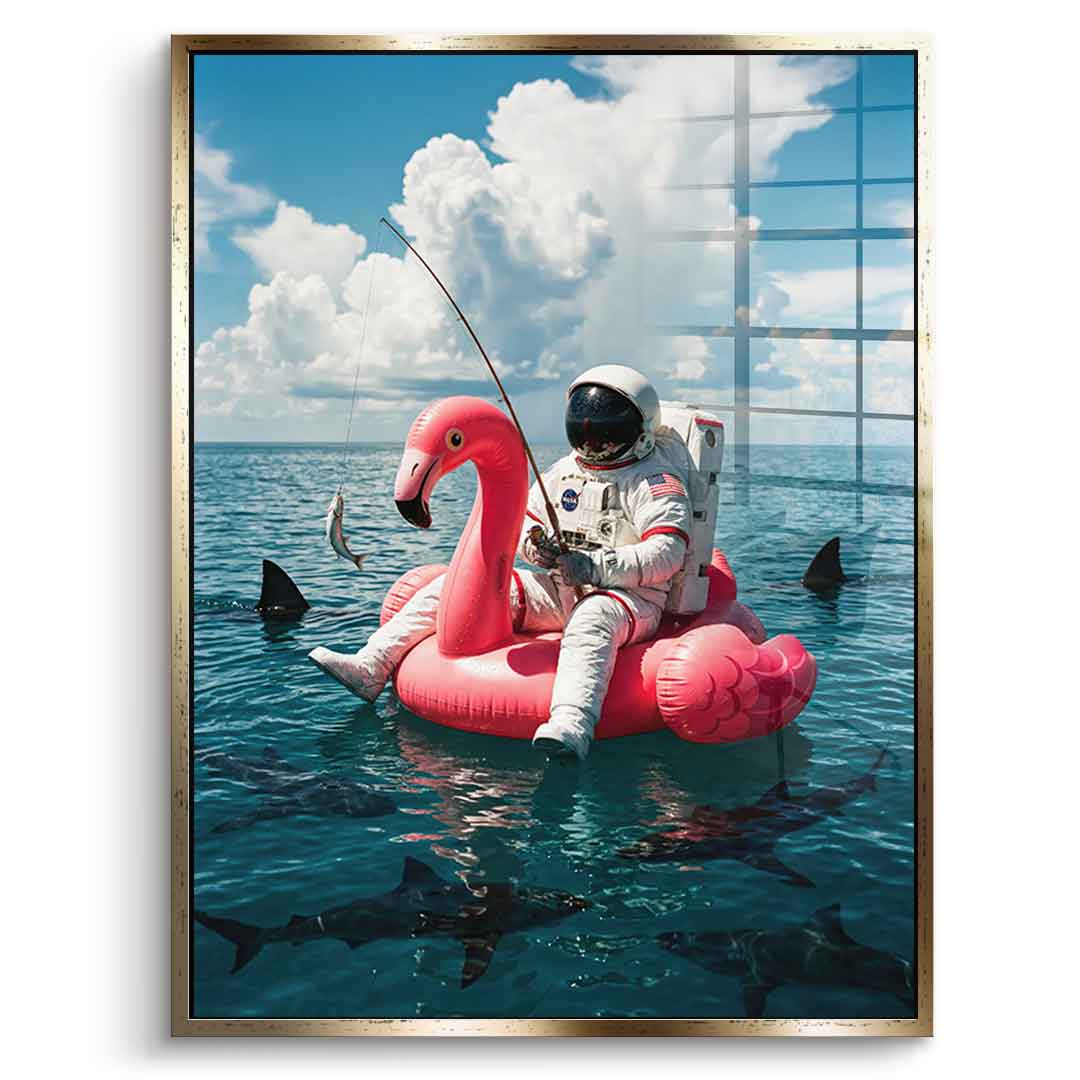 Acrylglas Front Gold-Rahmen — Fearless Astronaut on a Flamingo