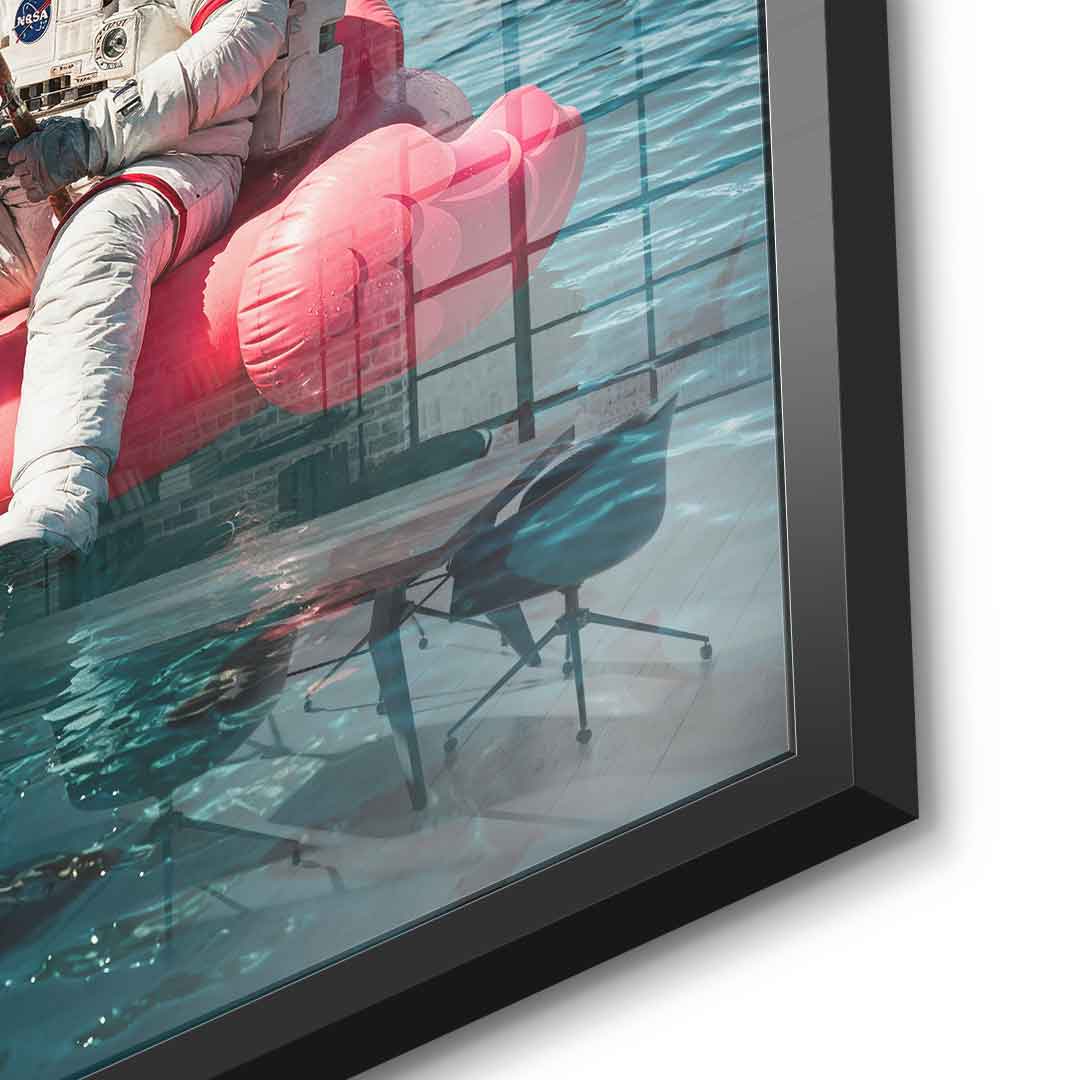 Acrylglas Detail Schwarz-Rahmen — Fearless Astronaut on a Flamingo