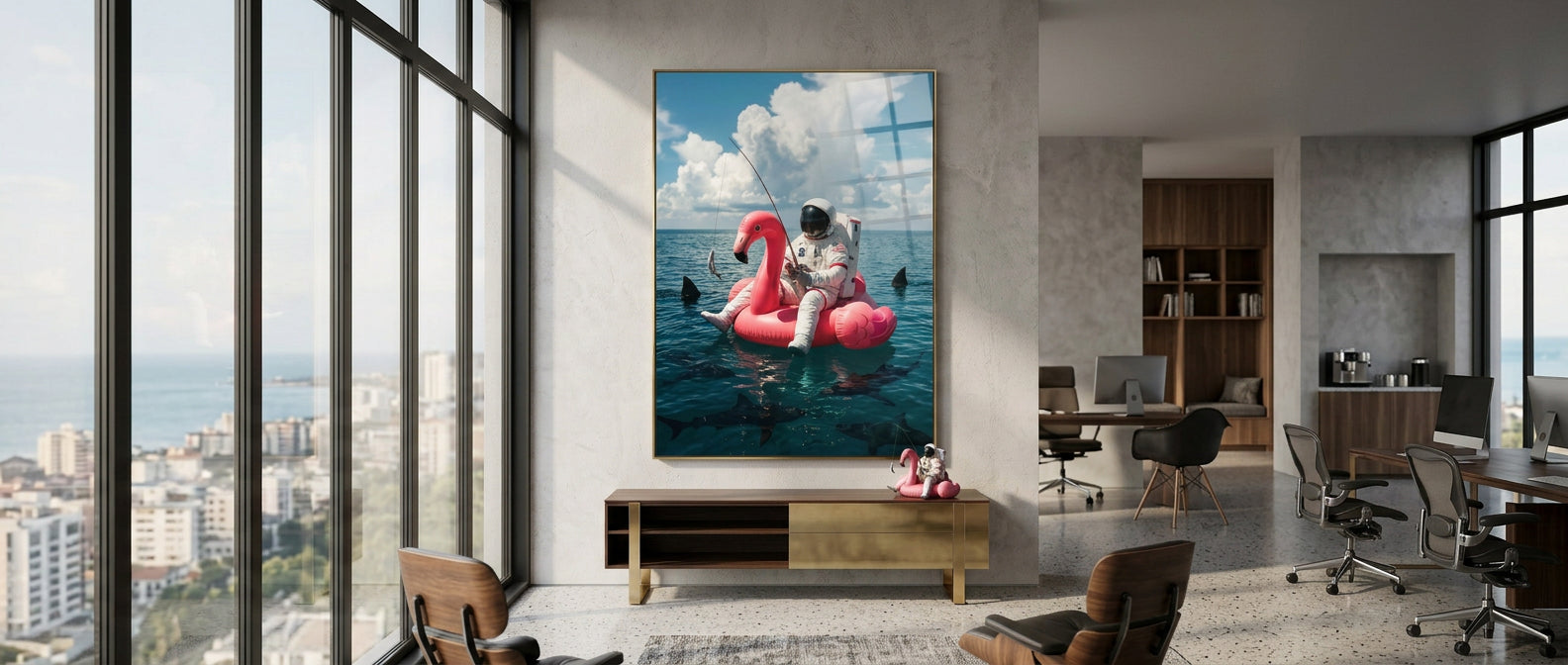 Acrylglas Banner — Fearless Astronaut on a Flamingo
