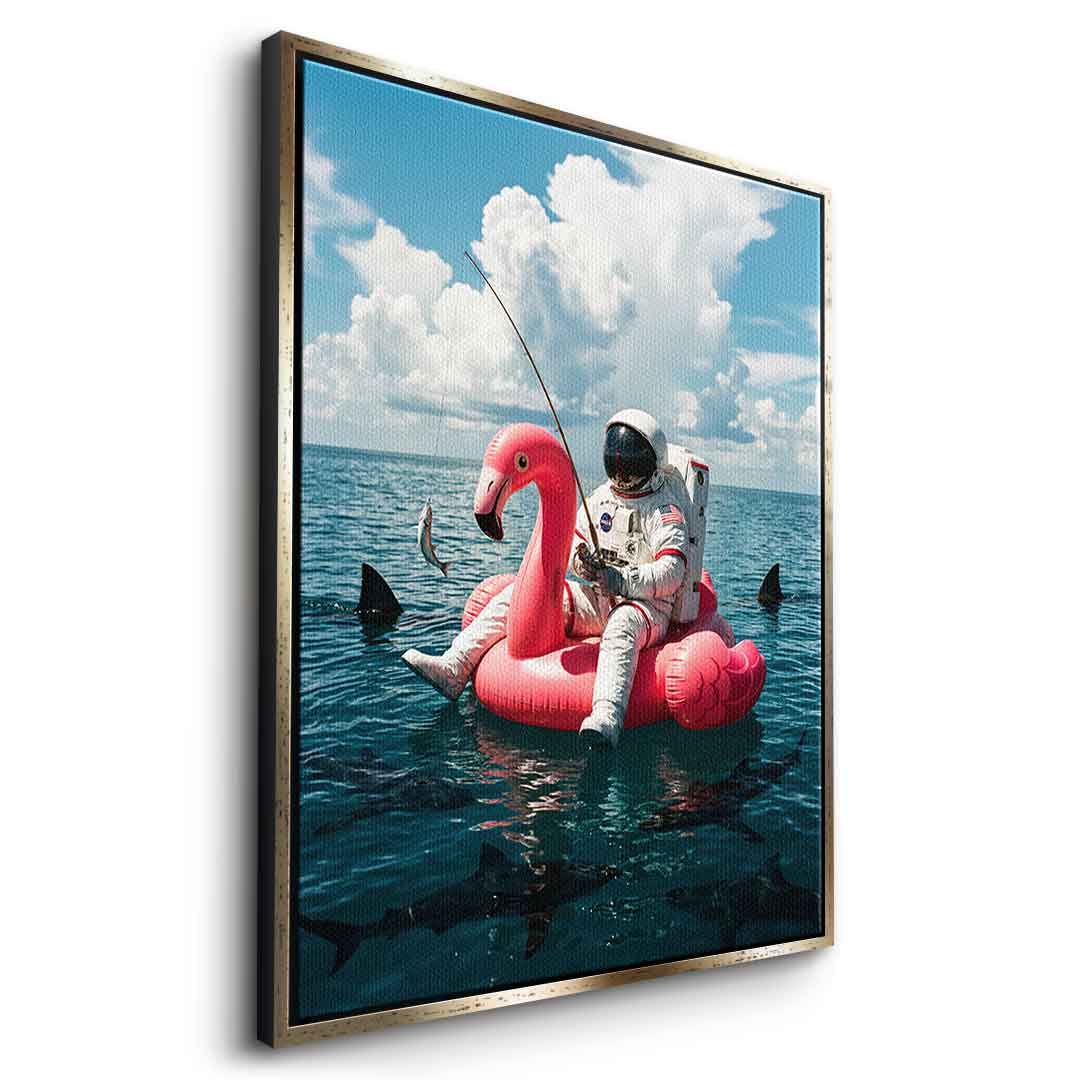 Canvas Seitenansicht Gold-Rahmen — Fearless Astronaut on a Flamingo