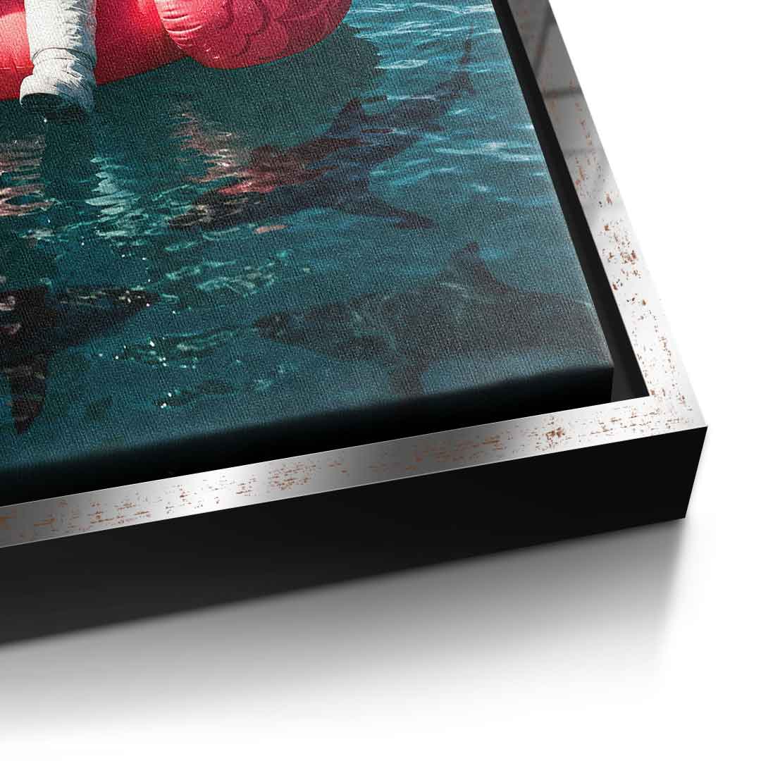 Canvas Detail Silber-Rahmen — Fearless Astronaut on a Flamingo