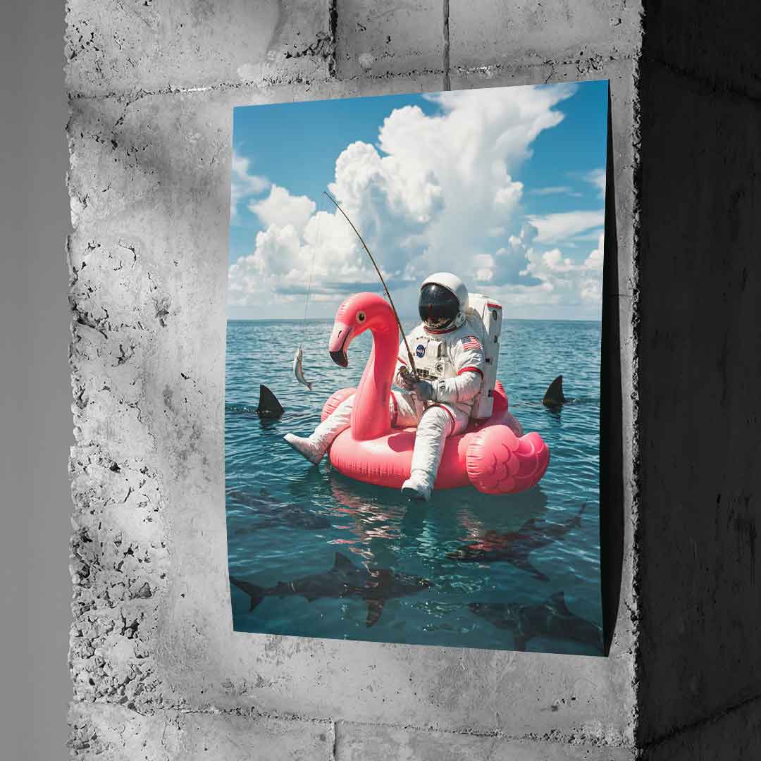 Poster Betonwand — Fearless Astronaut on a Flamingo