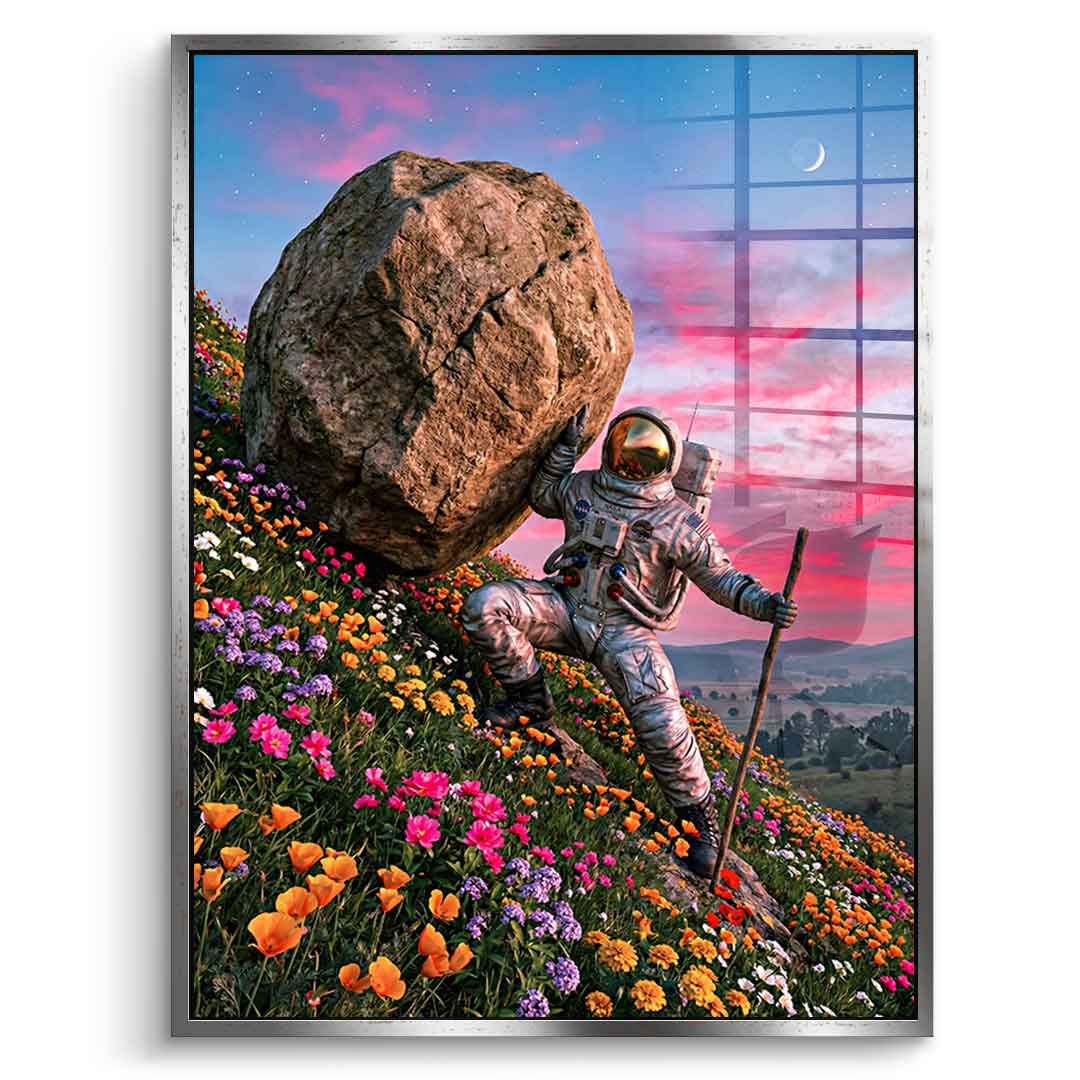 DOTCOMCANVAS® Astronaut's Heavy Burden Acrylglasbild – Vorderansicht silberner Rahmen