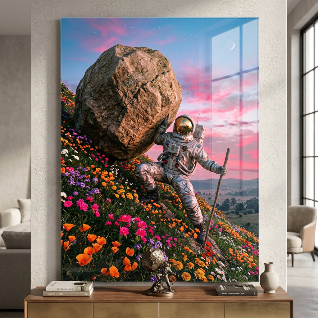 DOTCOMCANVAS® Astronaut's Heavy Burden Acrylglasbild – Raum-Mockup