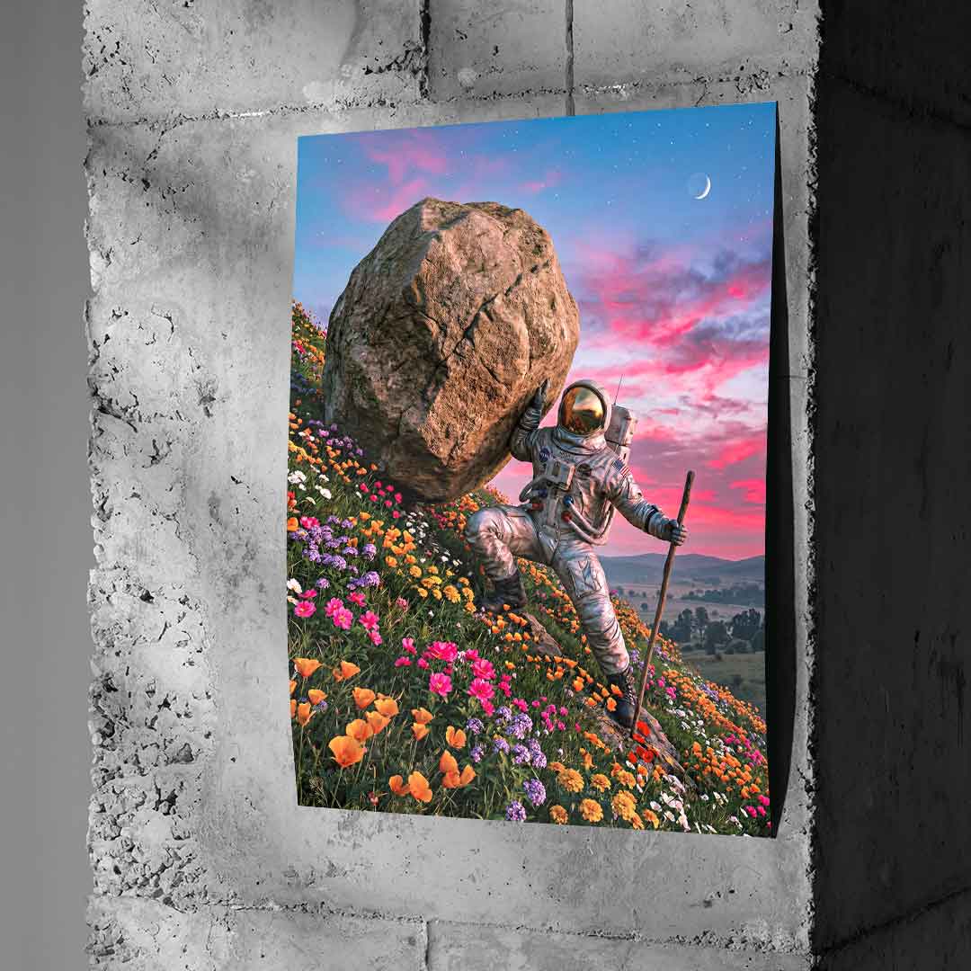 DOTCOMCANVAS® Astronaut's Heavy Burden Poster – Wand-Mockup