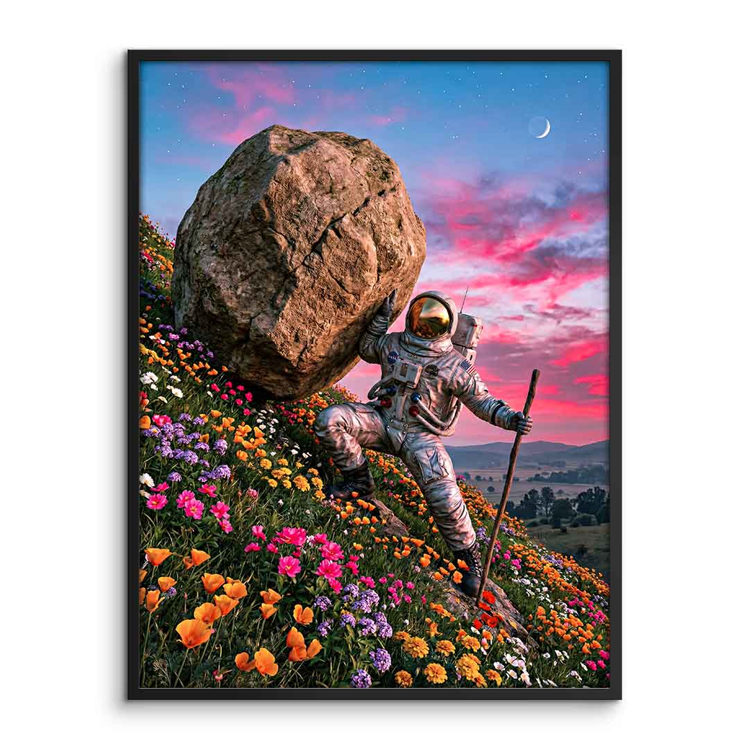 DOTCOMCANVAS® Astronaut's Heavy Burden Poster – Vorderansicht mit Rahmen