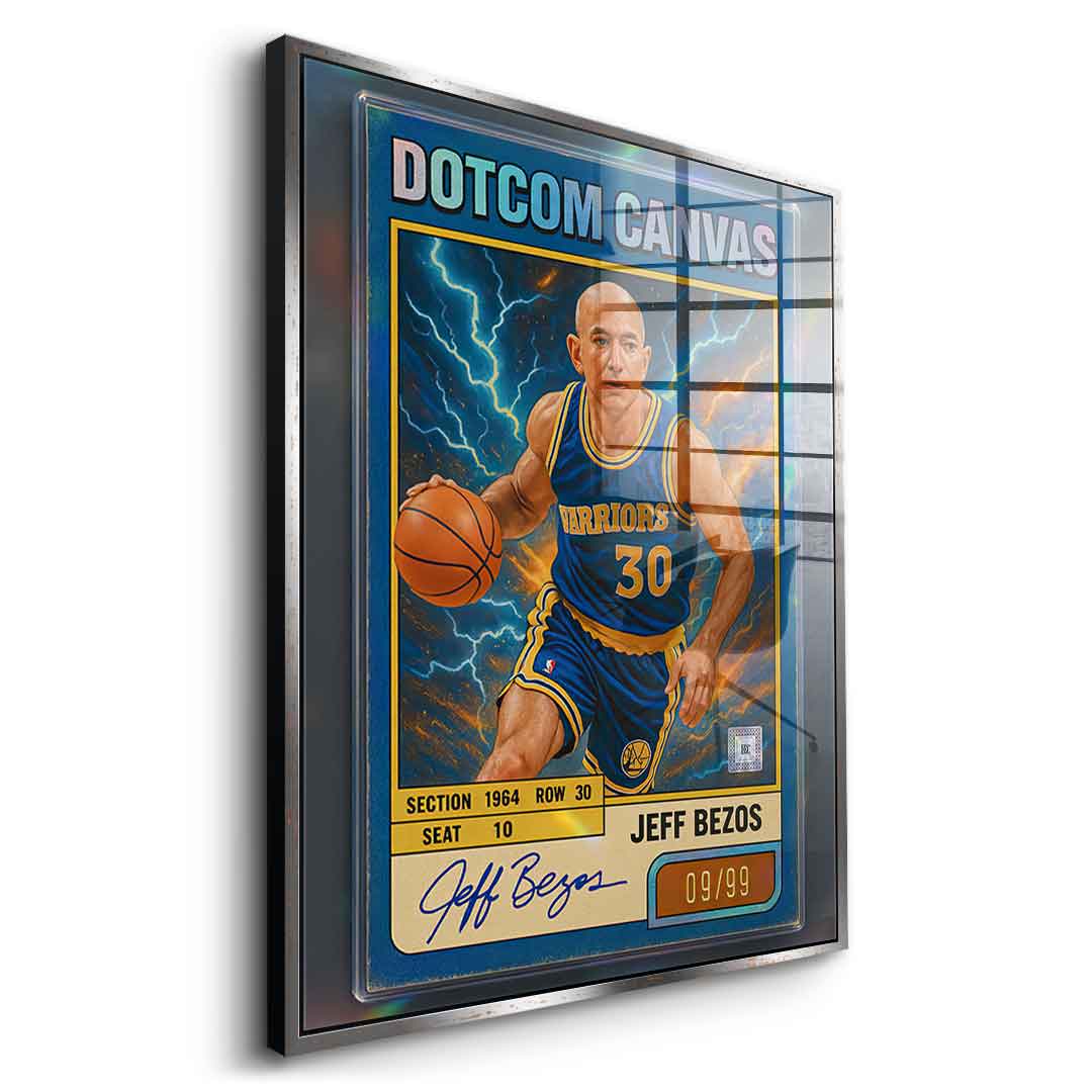 DOTCOMCANVAS® Jeff Bezos Basketball Card Acrylglasbild Silberner Rahmen Seitenansicht