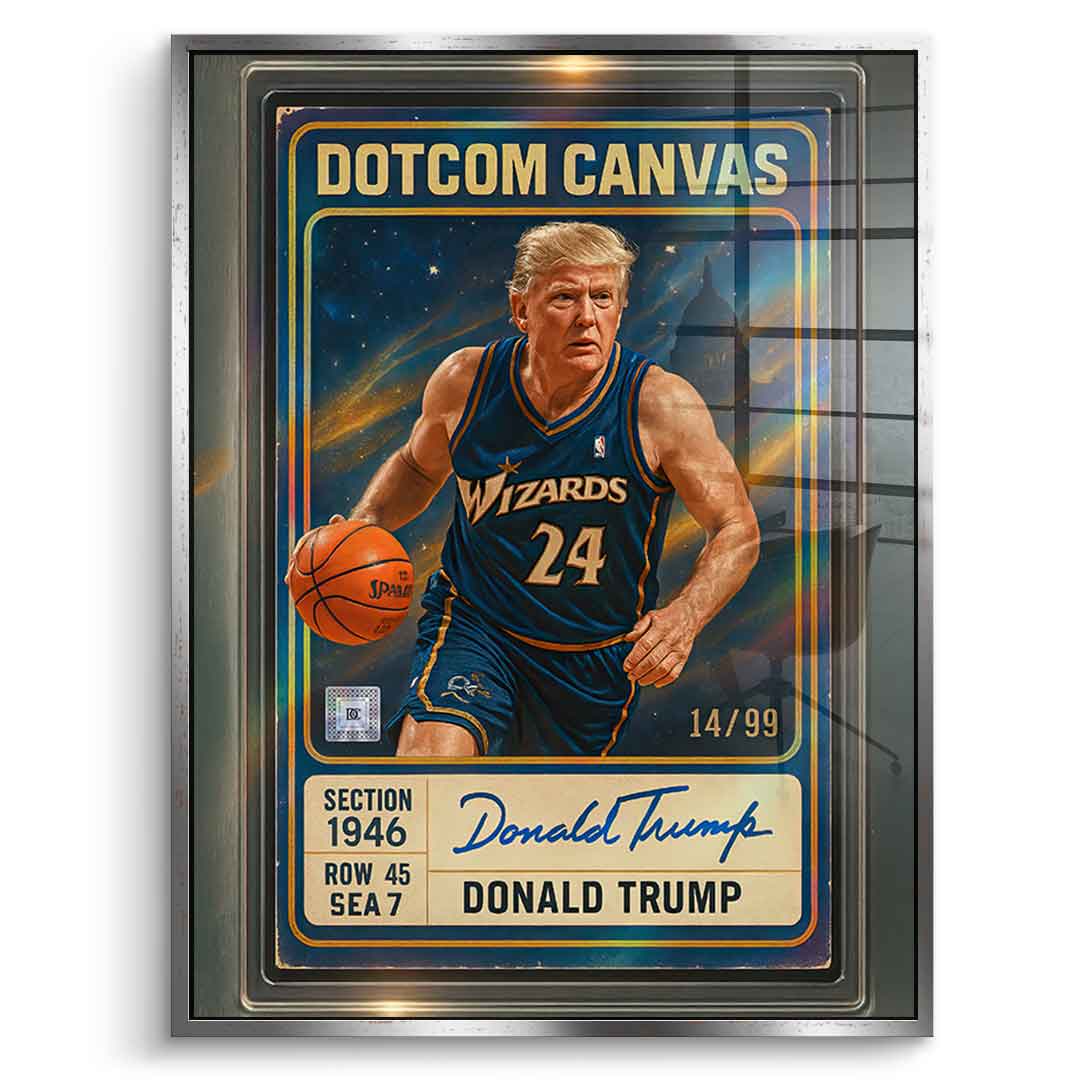 DOTCOMCANVAS Donald Trump Basketball Card Acrylglasbild - Silberner Rahmen Front