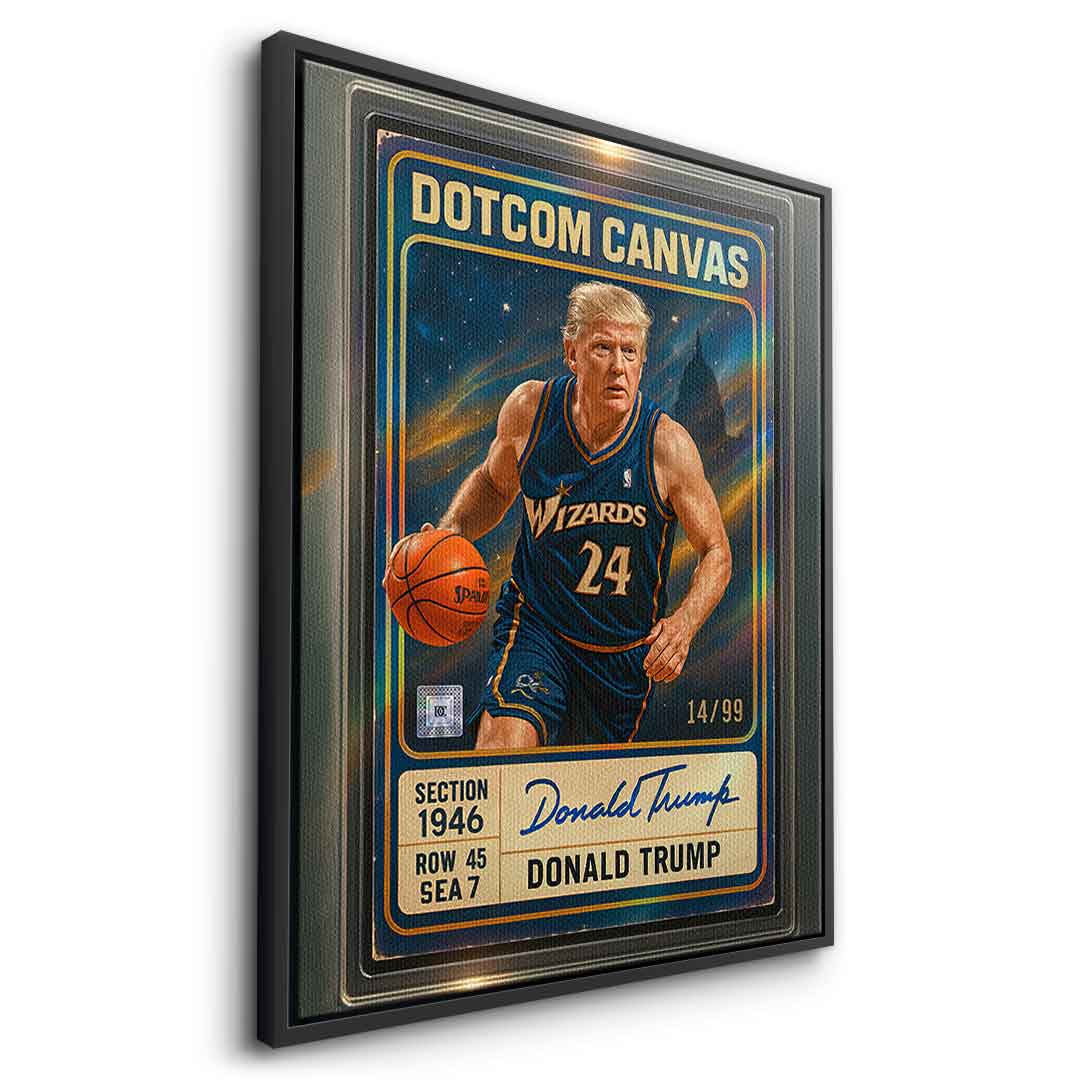 DOTCOMCANVAS Donald Trump Basketball Card Leinwandbild - Schwarzer Rahmen Seitenansicht