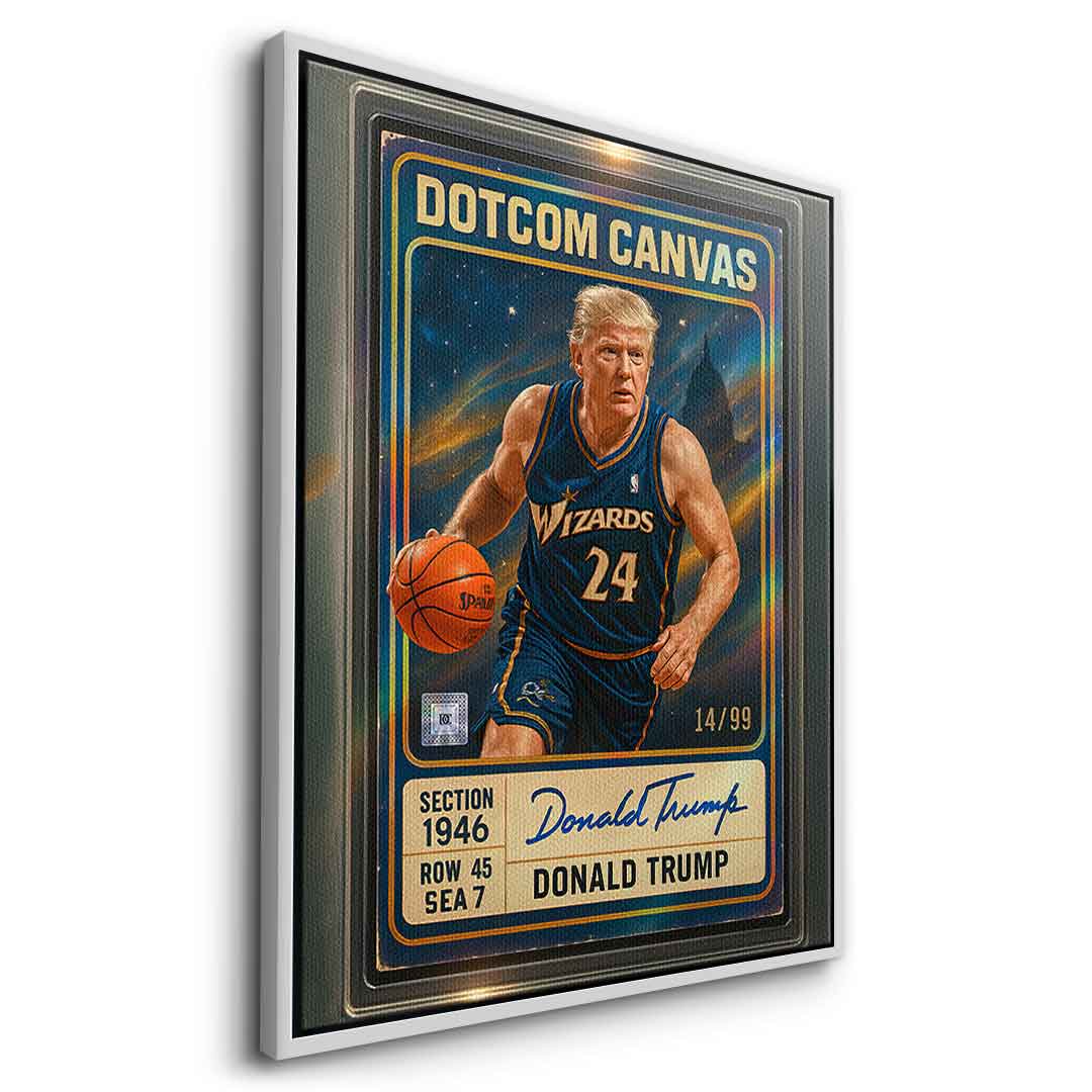 DOTCOMCANVAS Donald Trump Basketball Card Leinwandbild - Silberner Rahmen Seitenansicht