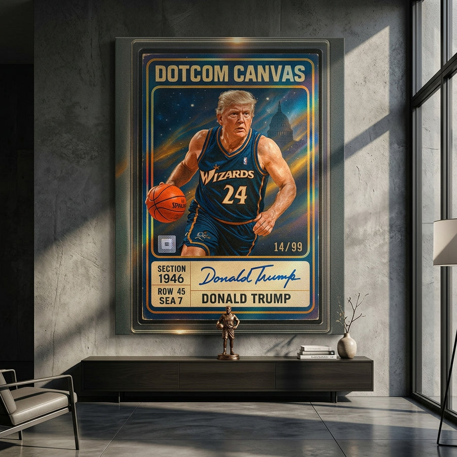 DOTCOMCANVAS Donald Trump Basketball Card Leinwandbild - Raum Mockup