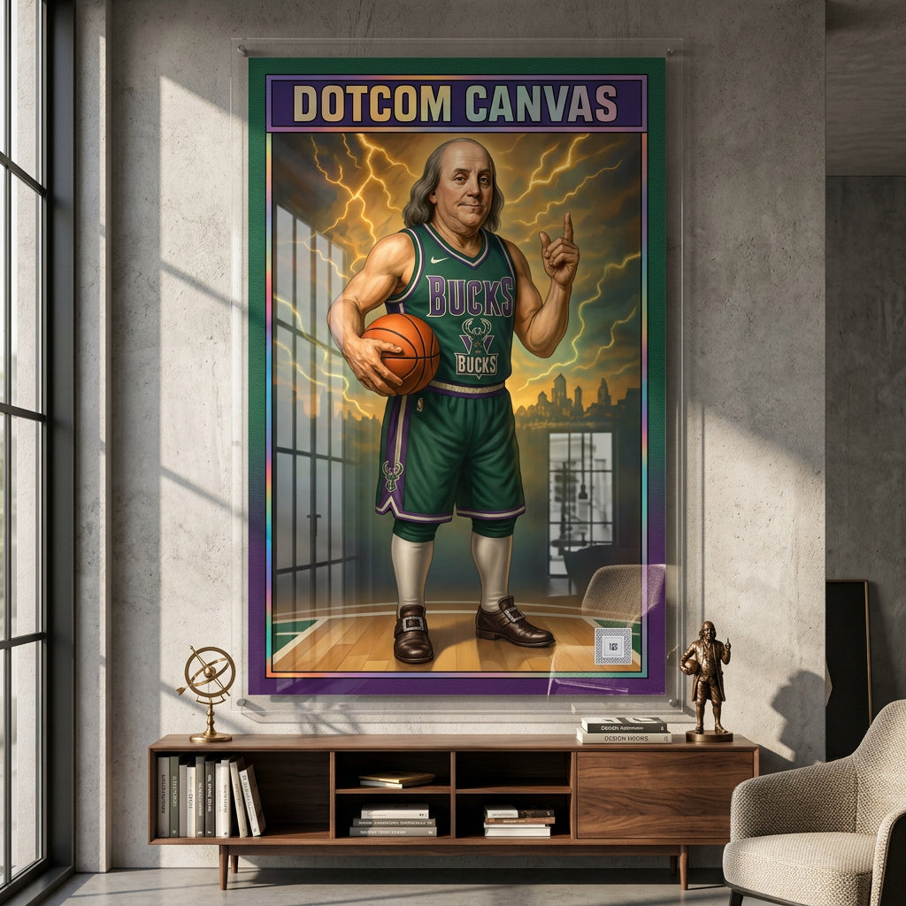 DOTCOMCANVAS® Benjamin Franklin Basketball Card Acrylglasbild im Raum – Pop-Art Wandbild Wohnzimmer