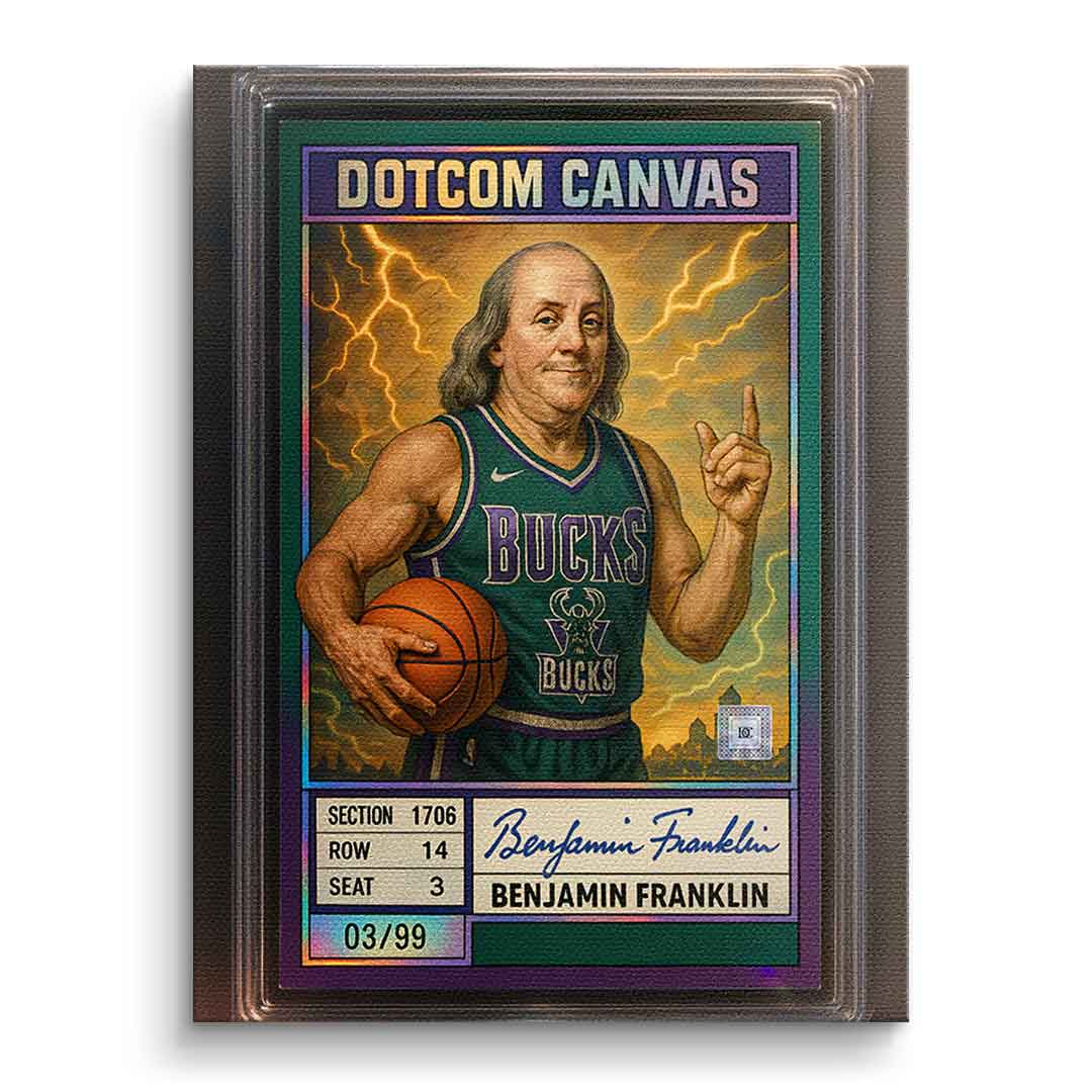 DOTCOMCANVAS® Benjamin Franklin Basketball Card Leinwandbild ohne Rahmen Frontansicht – Pop-Art Milwaukee-Bucks-Rookie-Sammelkarte