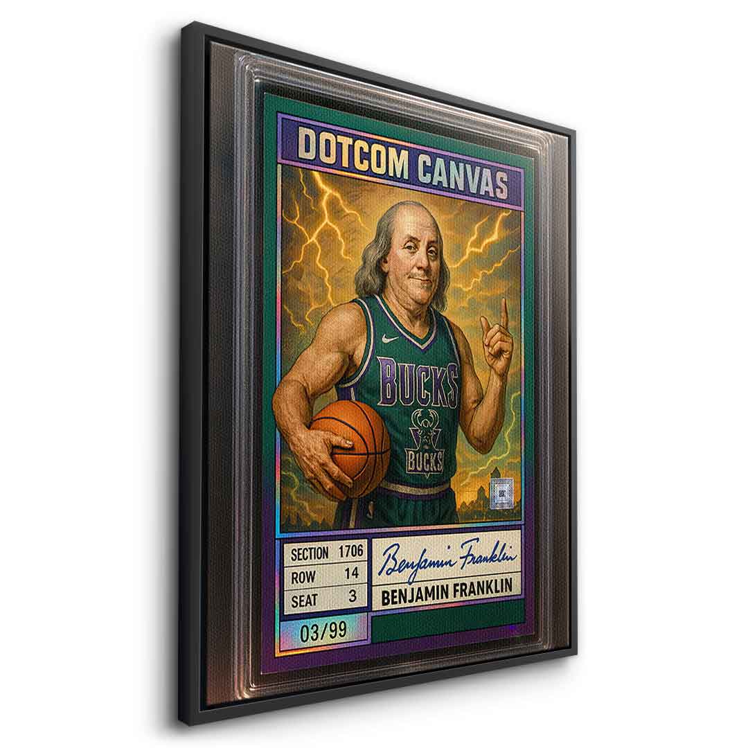 DOTCOMCANVAS® Benjamin Franklin Basketball Card Leinwandbild mit schwarzem Rahmen Seitenansicht