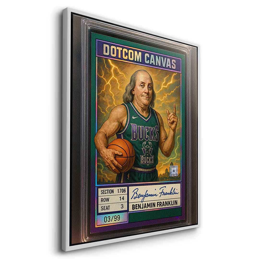 DOTCOMCANVAS® Benjamin Franklin Basketball Card Leinwandbild mit silbernem Rahmen Seitenansicht