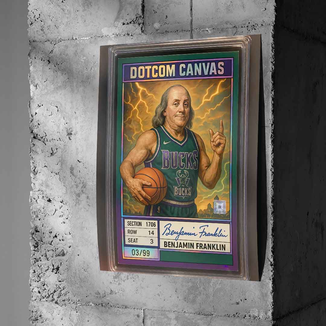 DOTCOMCANVAS® Benjamin Franklin Basketball Card Poster an Betonwand