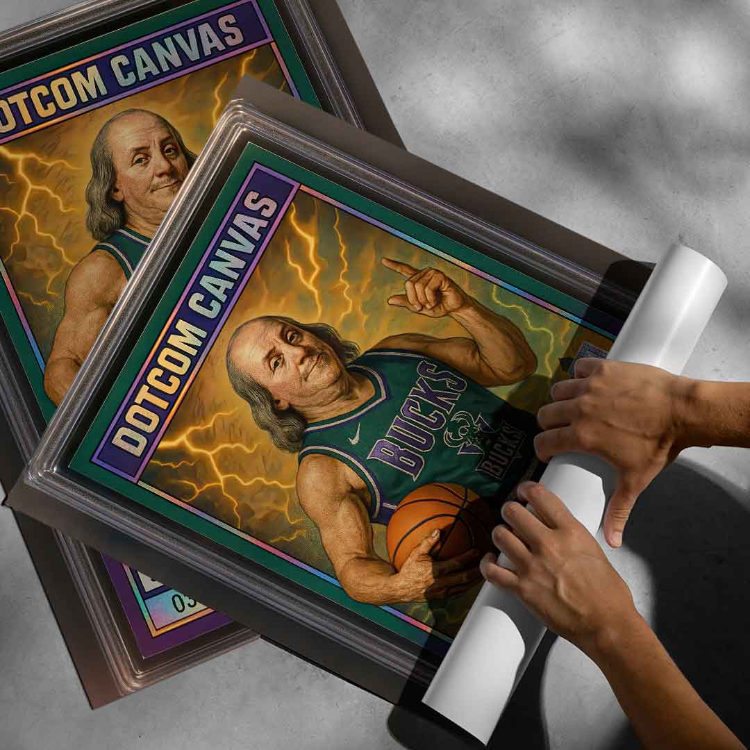 DOTCOMCANVAS® Benjamin Franklin Basketball Card Poster aufgerollt