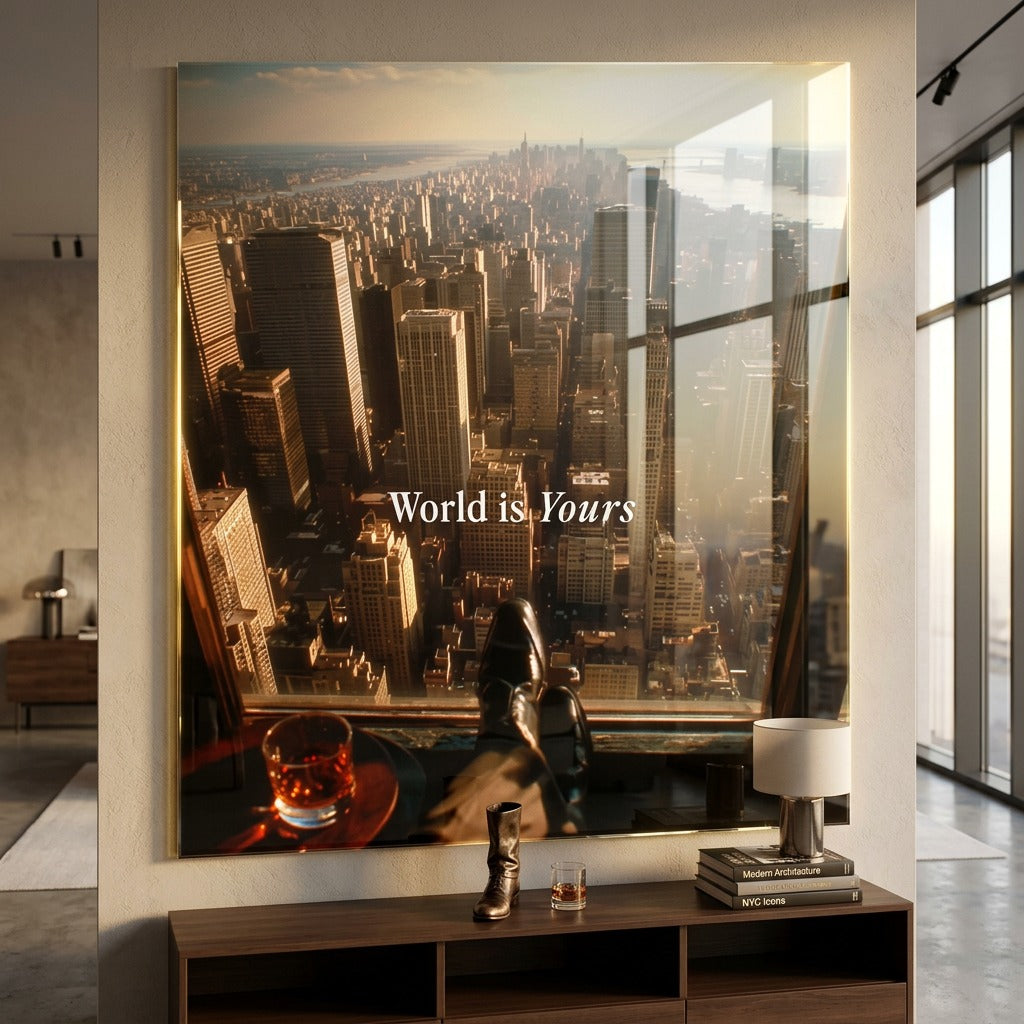 DOTCOMCANVAS World is Yours Acrylglas Raum Mockup Wohnzimmer