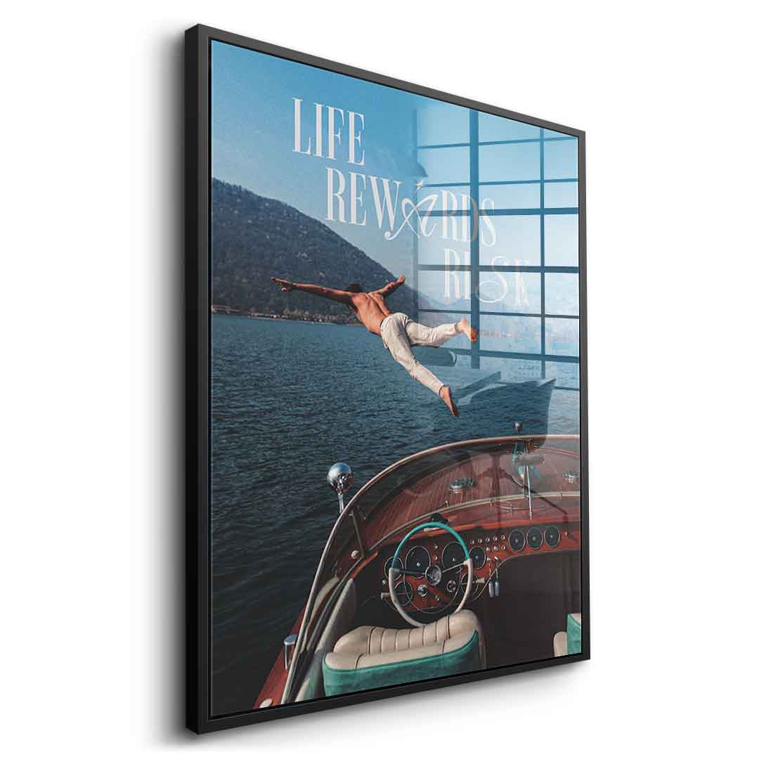 DOTCOMCANVAS Life Rewards Risk Acrylglasbild Seitenansicht schwarzer Rahmen