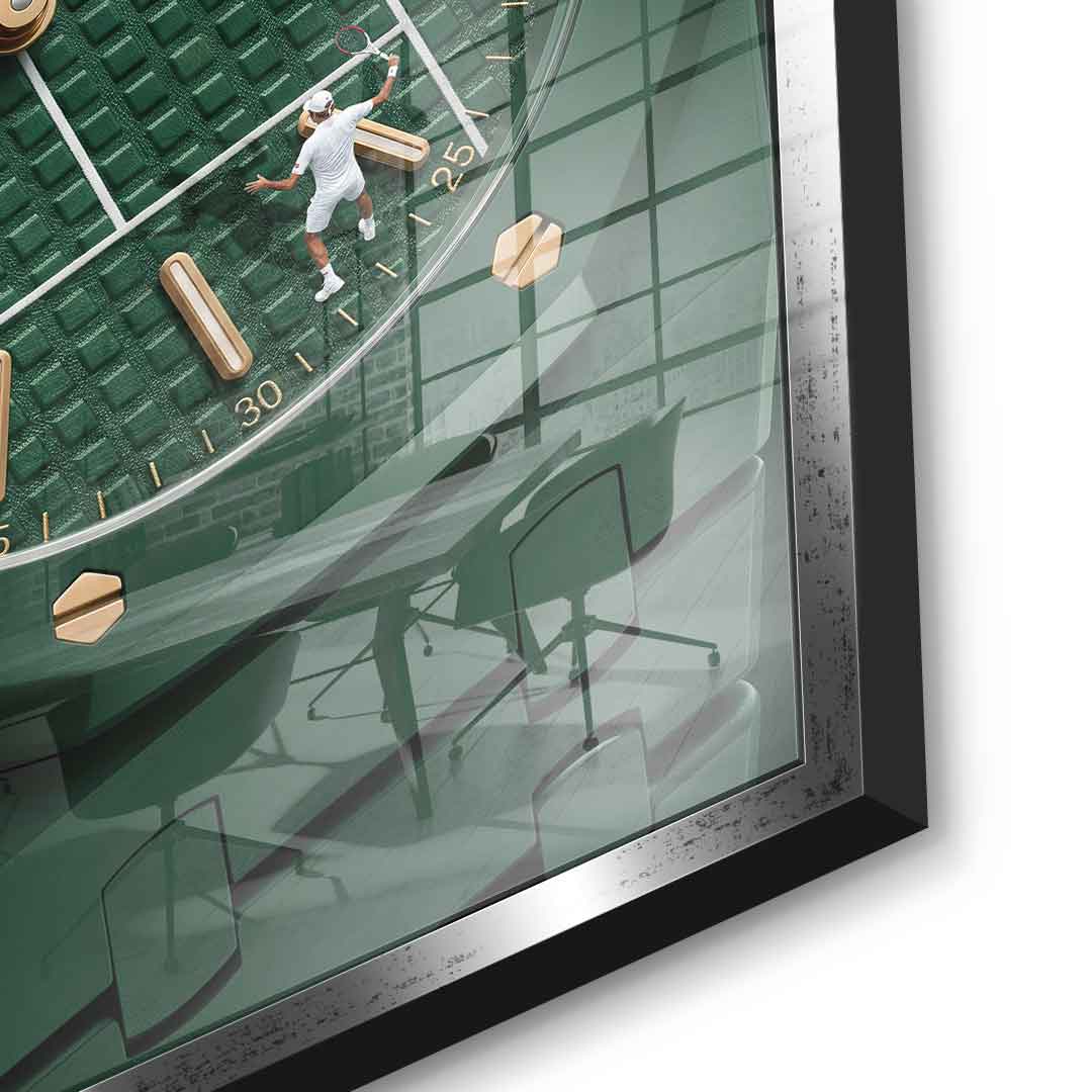 Luxury Timepiece – Tennis Acrylglasbild Detail Silberner Rahmen