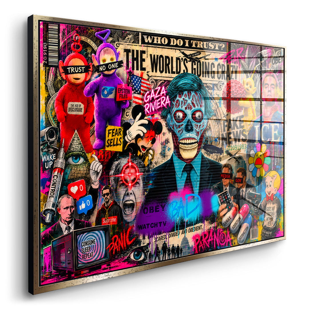 DOTCOMCANVAS THE WORLD IS GOING CRAZY Acrylglasbild Seitenansicht goldener Rahmen