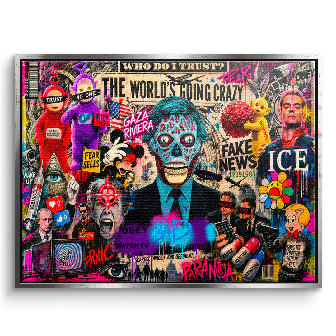 DOTCOMCANVAS THE WORLD IS GOING CRAZY Leinwandbild Vorderansicht silberner Rahmen