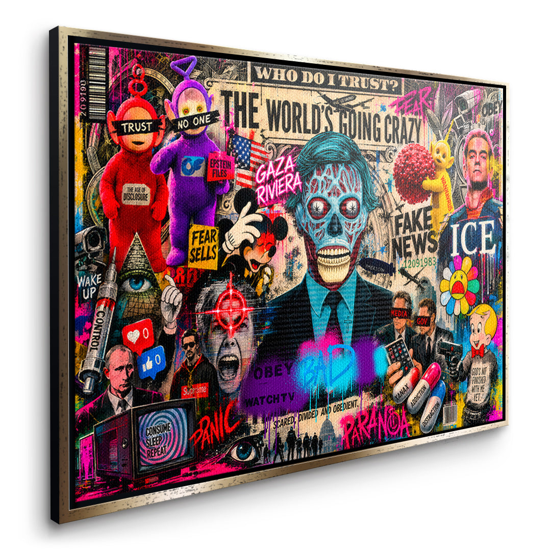 DOTCOMCANVAS THE WORLD IS GOING CRAZY Leinwandbild Seitenansicht goldener Rahmen