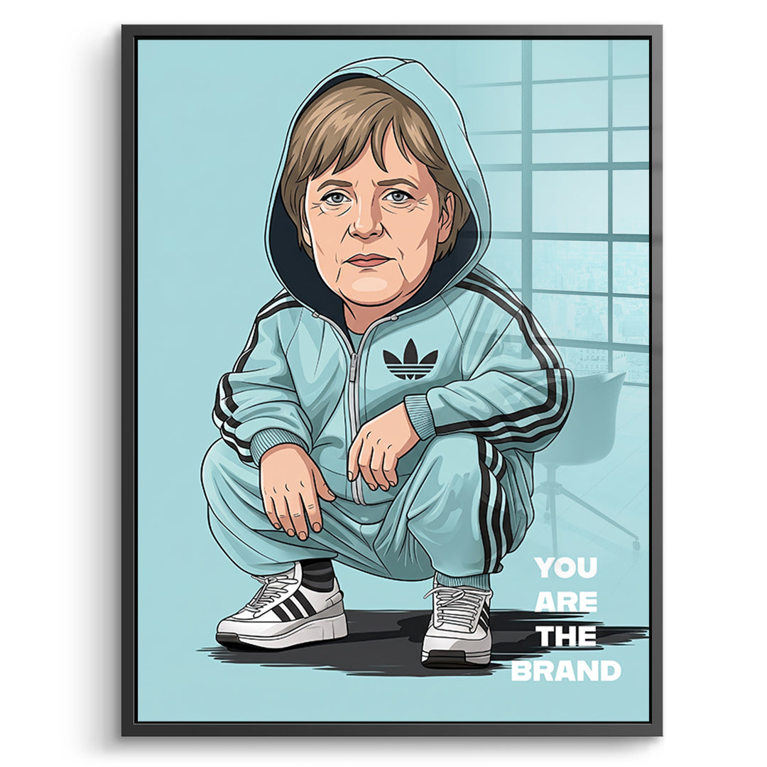DOTCOMCANVAS Angela Merkel Swag Acrylglasbild Vorderansicht schwarzer Rahmen